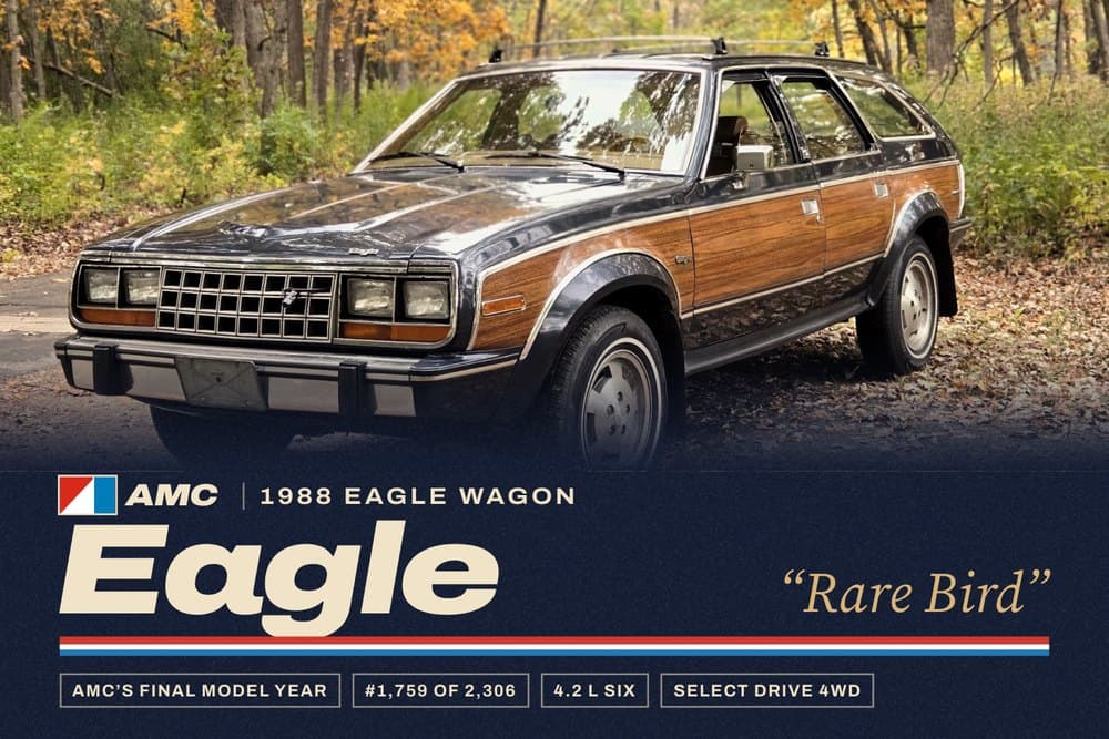 Front of the 4×6 handout: the wagon in autumn with the AMC Eagle wordmark and badges reading The last of AMC, 1 of 2,306, 4.2 L six, Select Drive 4WD