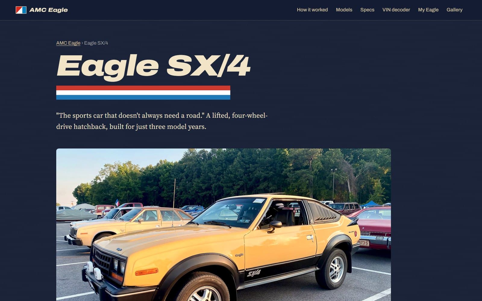 The Eagle SX/4 model page with a photo of a yellow SX/4 at a car show