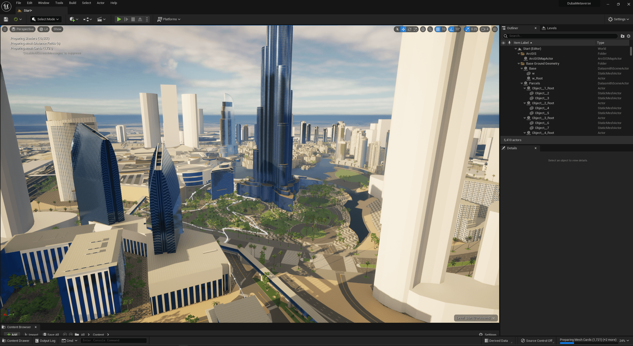 Unreal Engine development environment showing the Dubai Digital Twin project