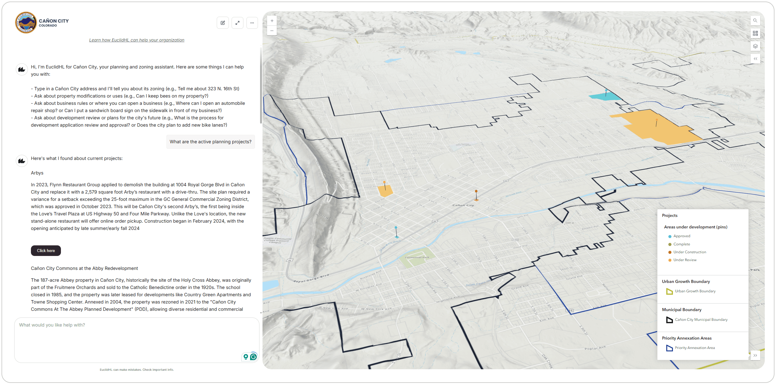 3D GIS visualization of active projects in Cañon City