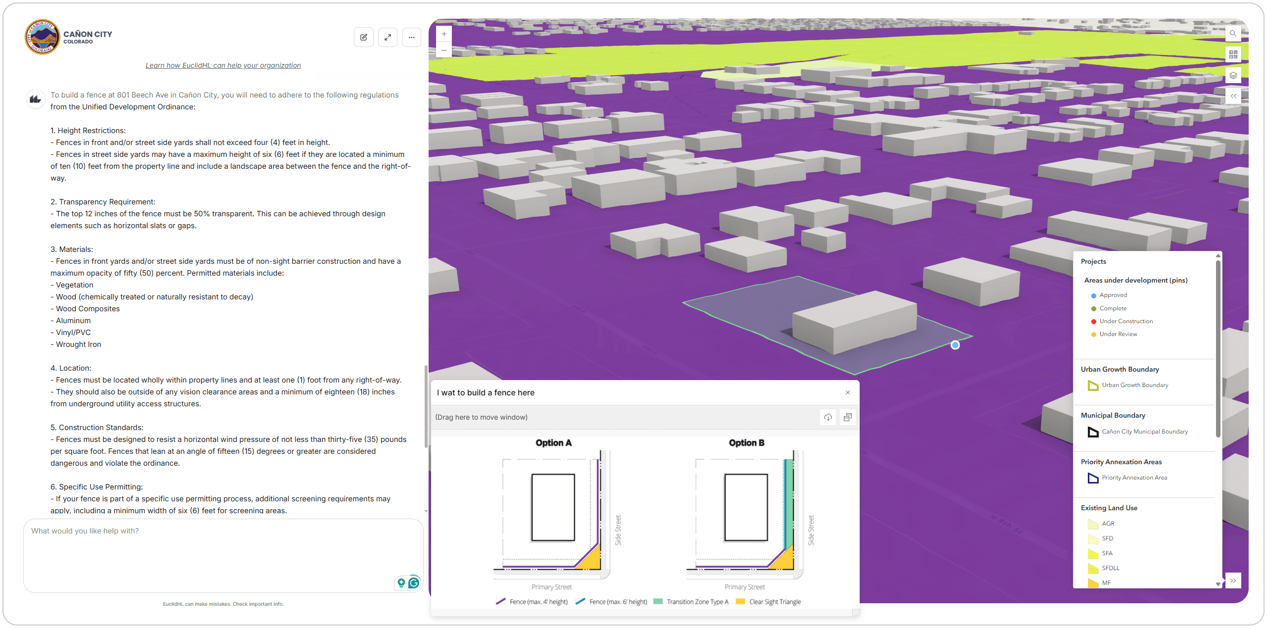 Interactive zoning requirements visualization for fence building