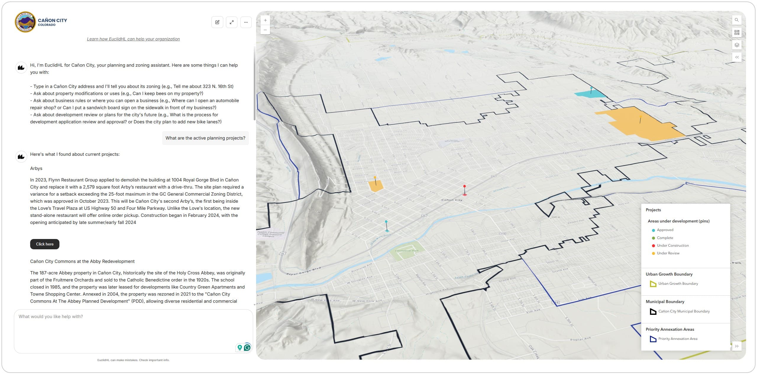 Euclid HL for Cañon City, Colorado: the assistant lists active planning projects while a 3D terrain map shows each project site, the municipal boundary and the urban growth boundary