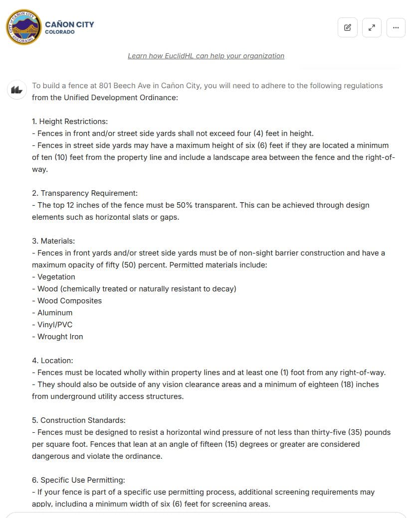 Euclid HL's answer listing Cañon City's fence rules for height, transparency, materials, location and construction