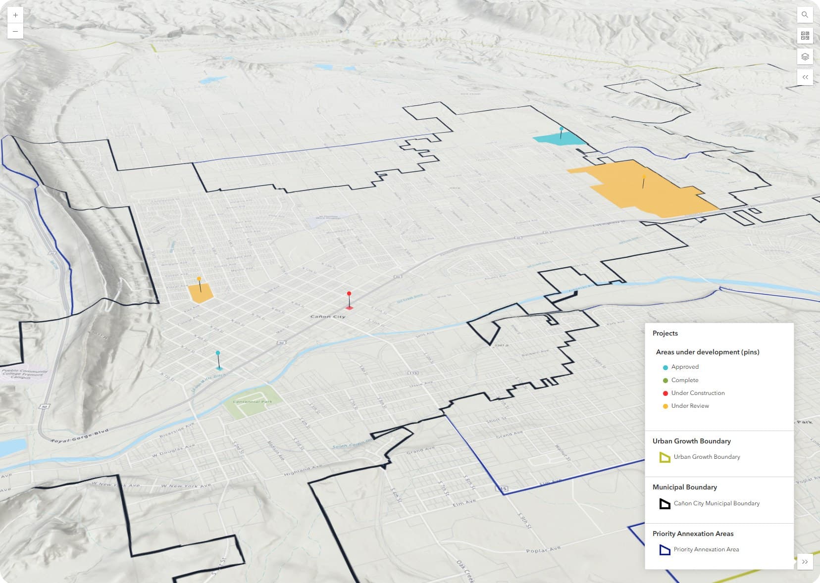 3D terrain map of Cañon City with planning project sites colour-coded by status, the municipal boundary, the urban growth boundary and priority annexation areas
