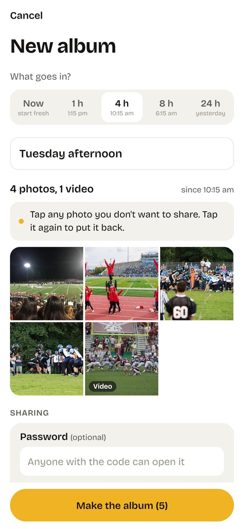 The Lately app’s New album screen: time windows from Now to 24 hours, an album name, a grid of the photos it found, and a Make the album button