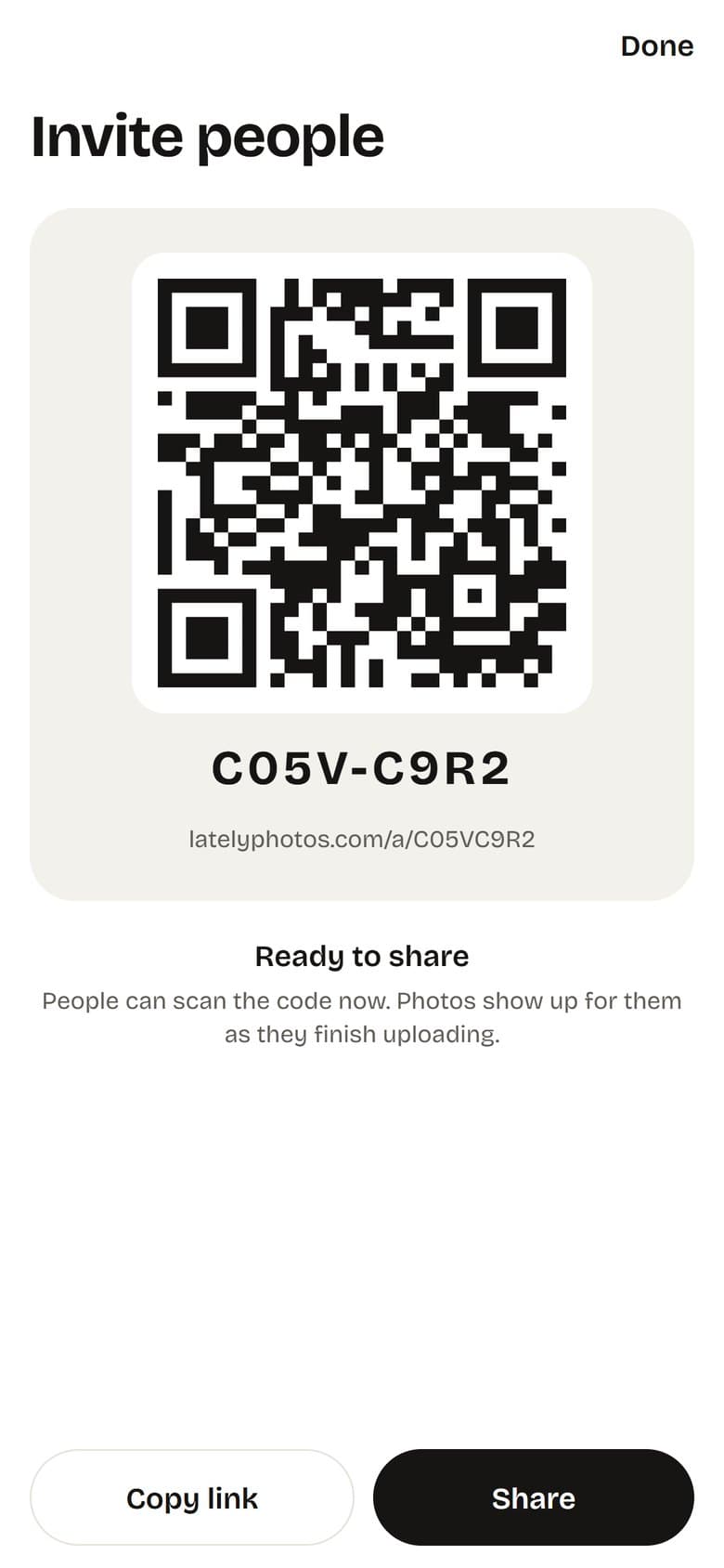 The Invite people screen: a large QR code, the album code C05V-C9R2, its latelyphotos.com link, and Copy link and Share buttons