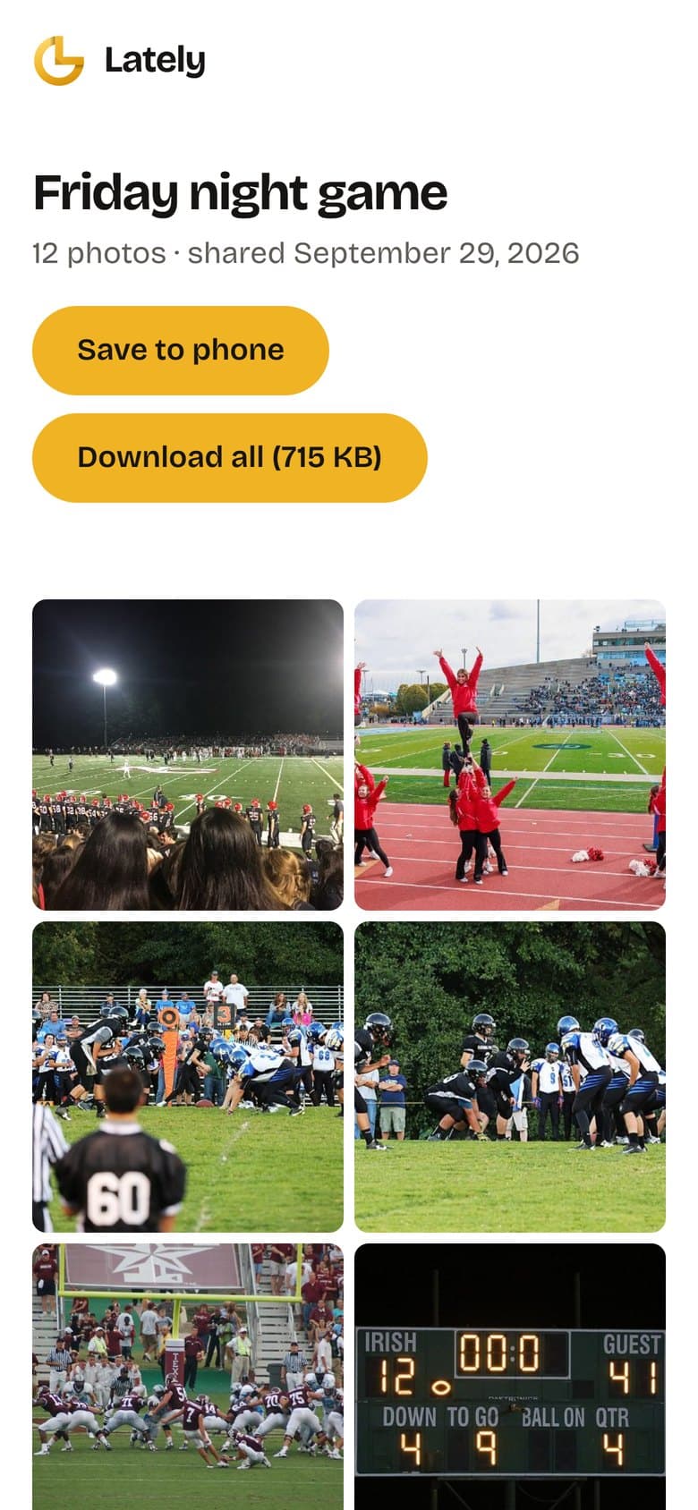 A shared album in a phone browser: Friday night game, 12 photos, with Save to phone and Download all buttons above a grid of football photos