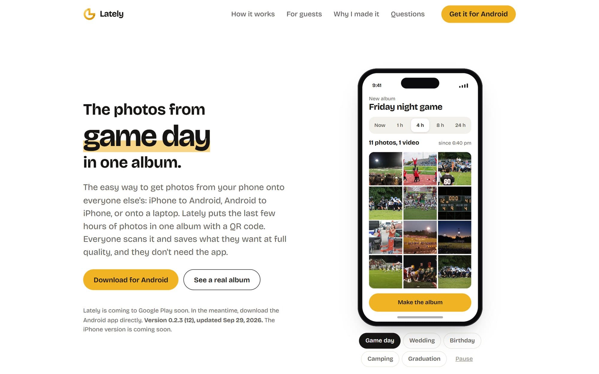The latelyphotos.com home page: The photos from game day in one album, next to a phone showing the New album screen with a grid of football photos