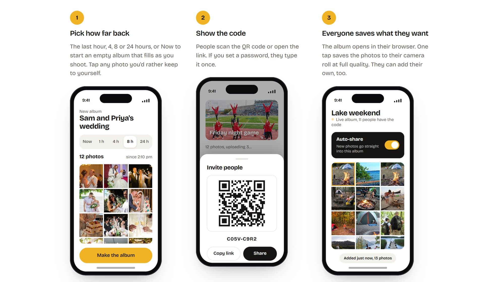 The How it works section of latelyphotos.com: three phones showing a wedding album being made, the Invite people QR code, and a live camping album with Auto-share turned on