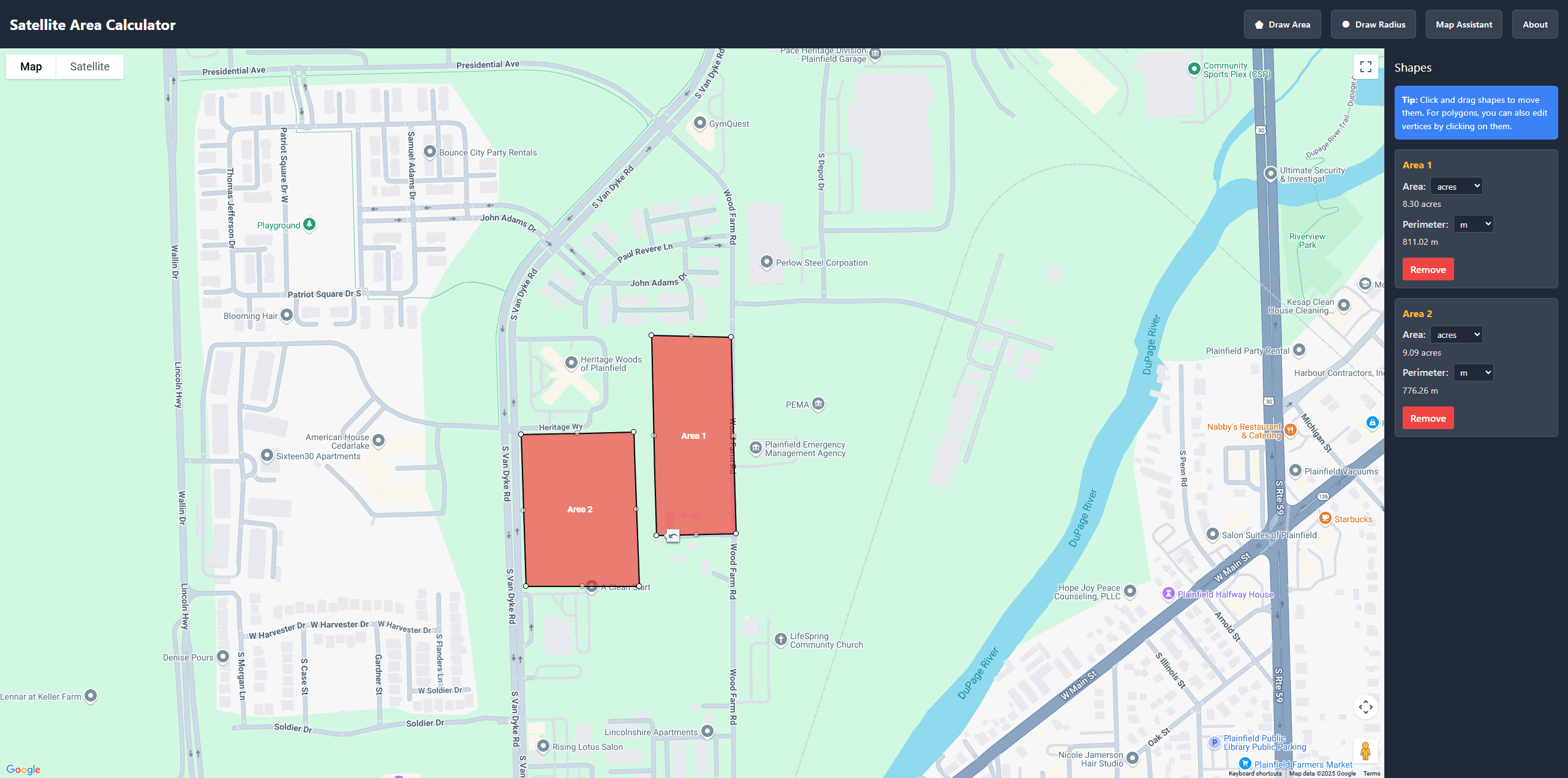 Area measurement of adjacent plots
