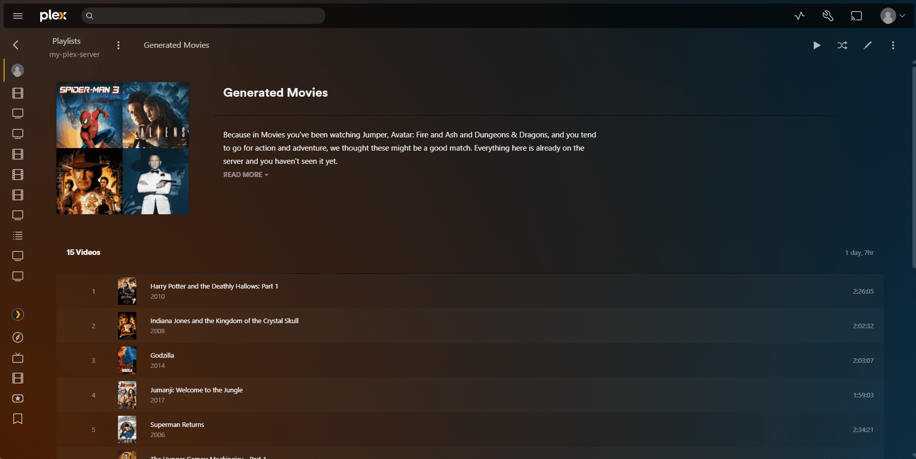 A Generated Movies playlist open in Plex, with its auto-written reason text above the picked titles