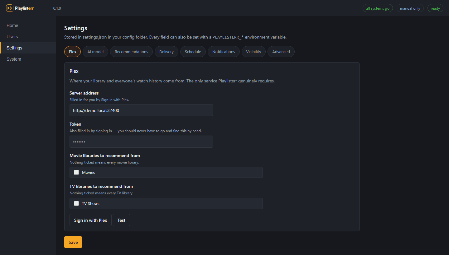 Playlisterr Settings screen