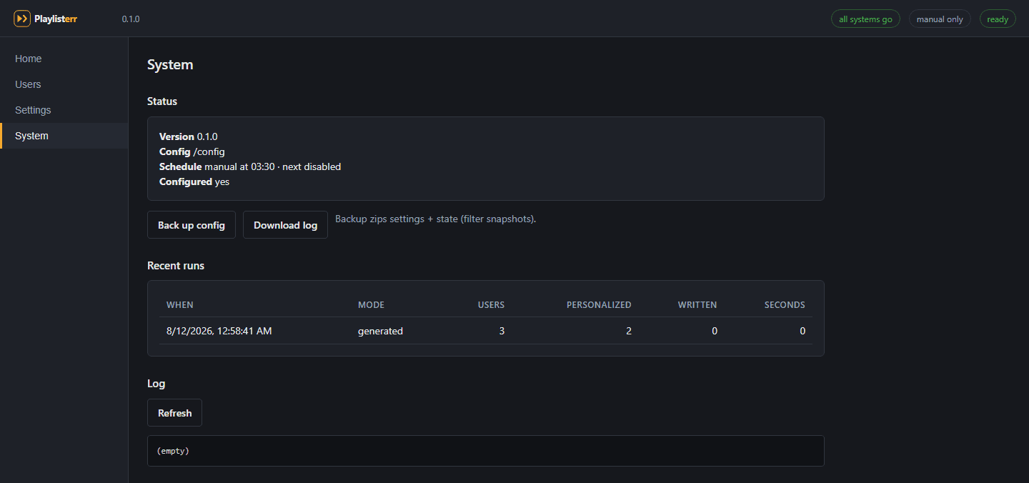 Playlisterr System screen