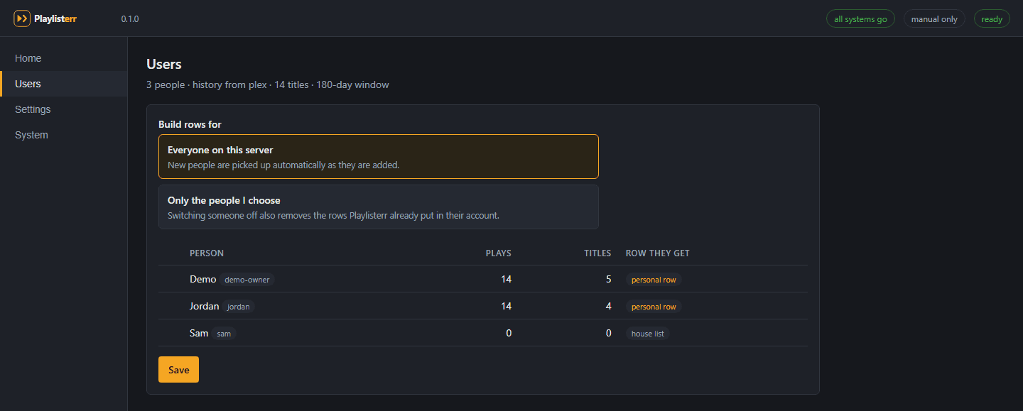 Playlisterr Users screen