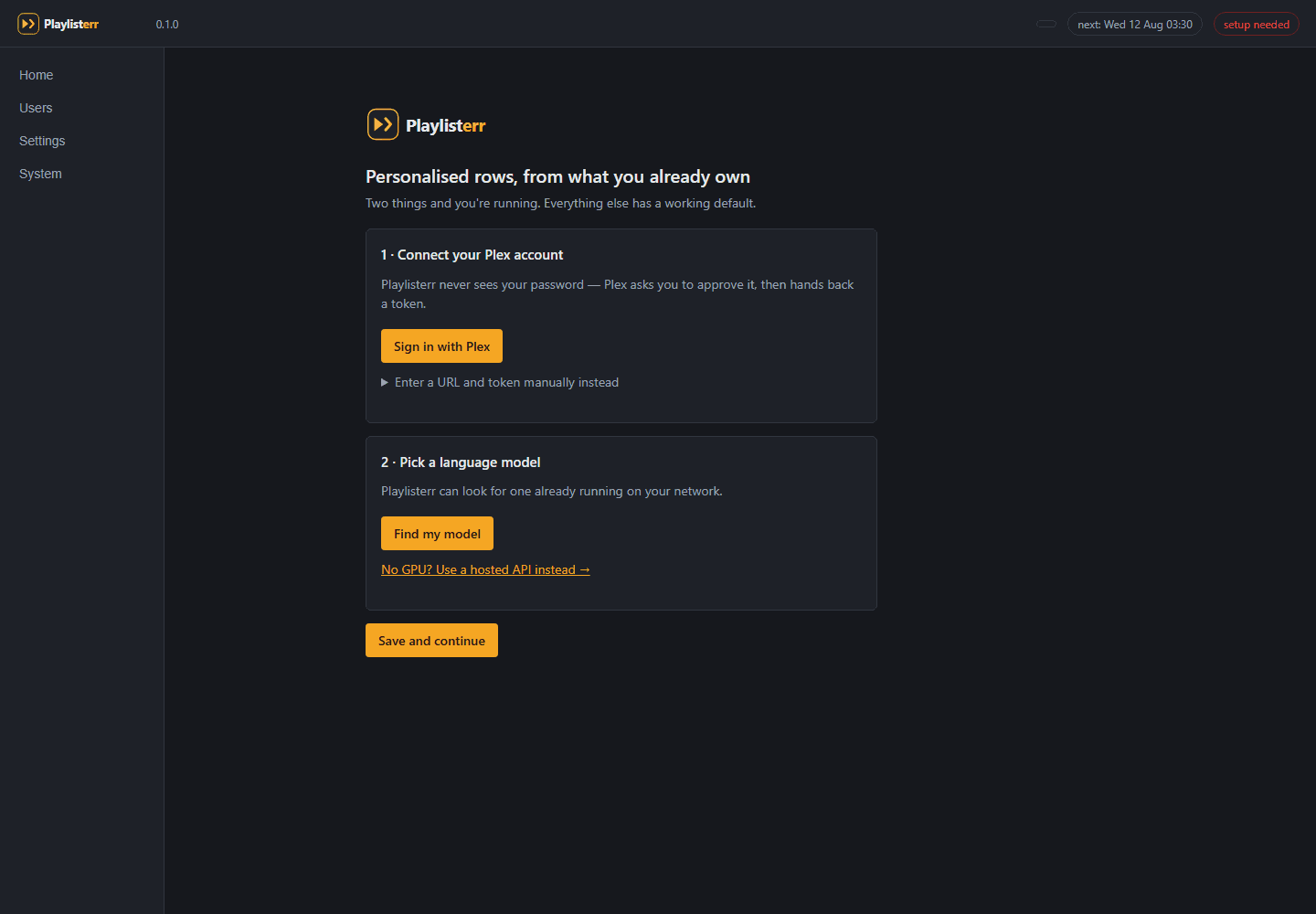 Playlisterr Two-click setup screen