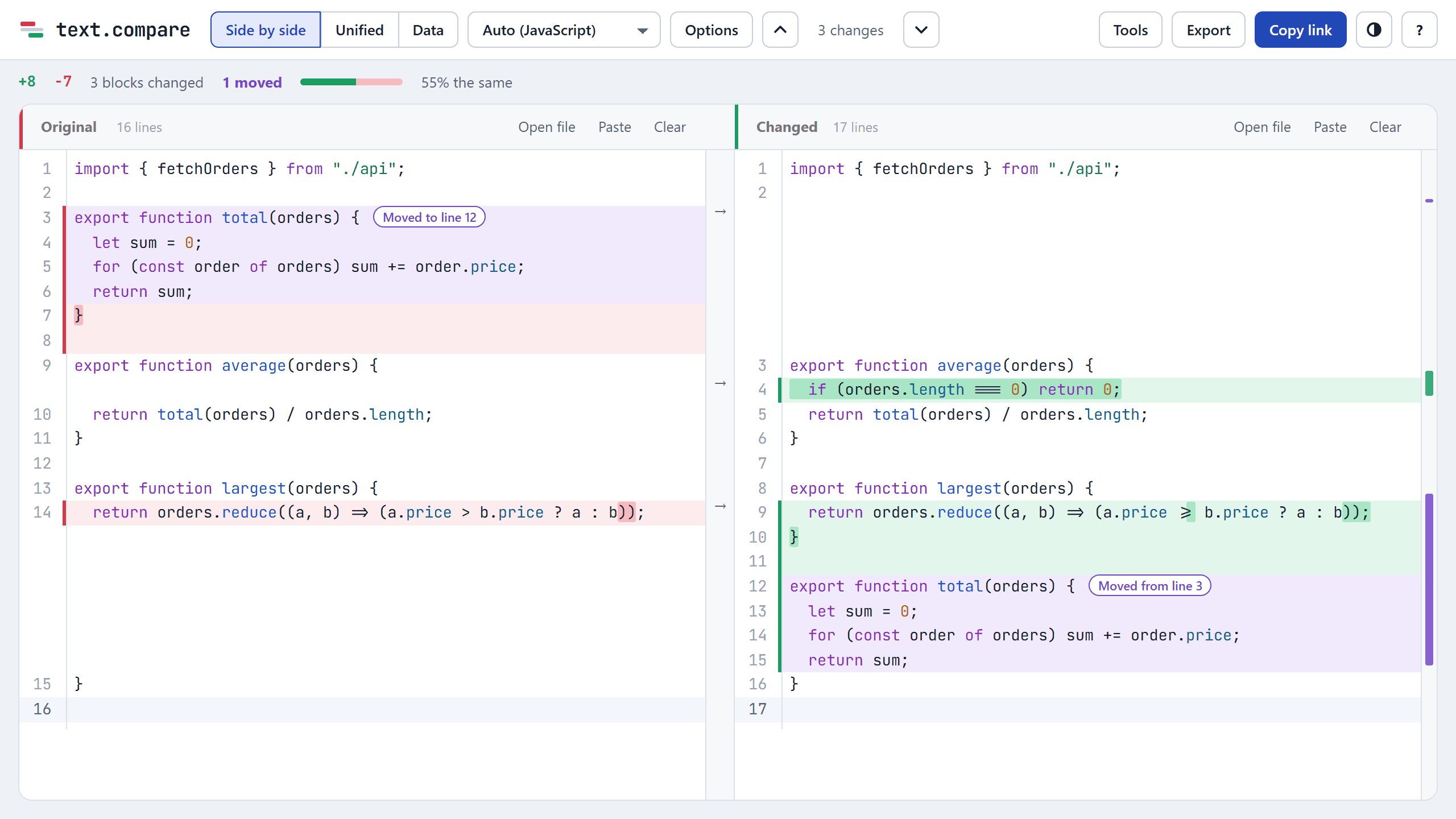 Two versions of a JavaScript file side by side, with a moved function shown in violet and changed characters highlighted