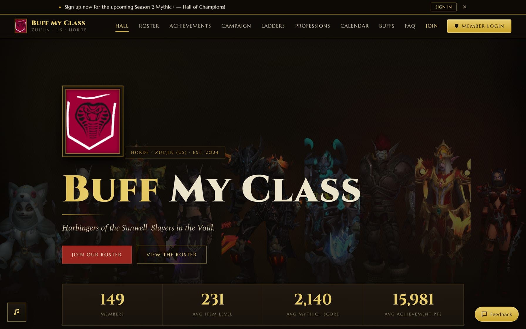 Buff My Class home page with guild crest, hero art, and live guild stats