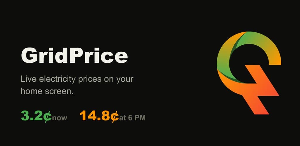 GridPrice Play Store feature graphic: Live electricity prices on your home screen, 3.2 cents now, 14.8 cents at 6 PM