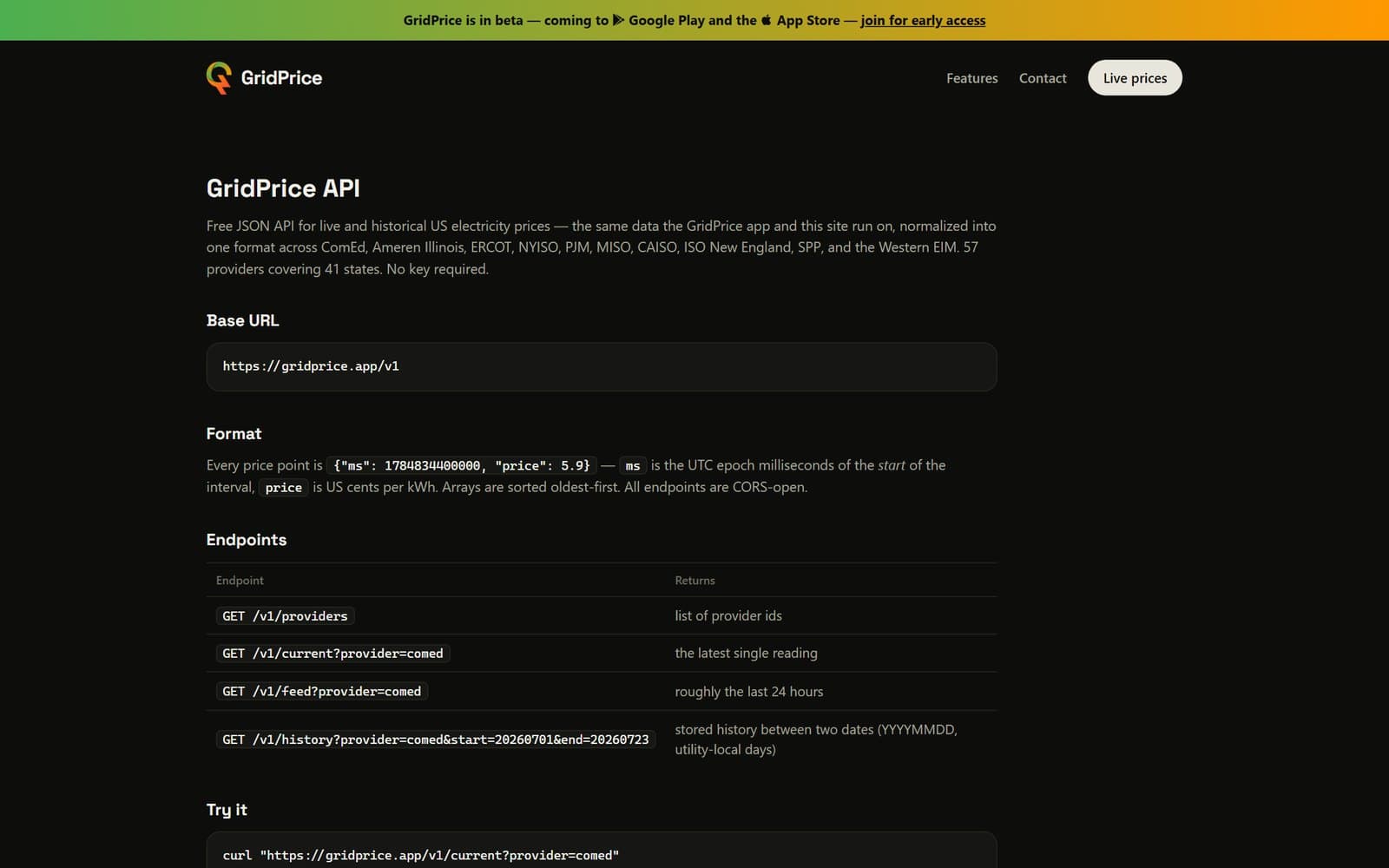 The GridPrice API page listing the base URL, data format and endpoints