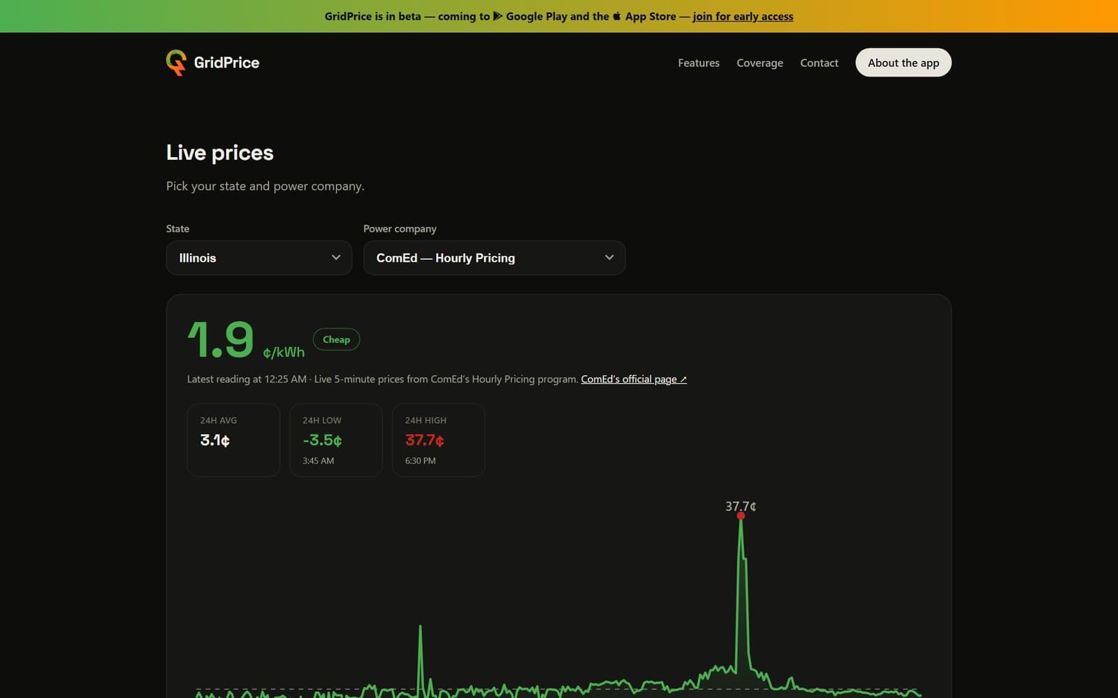 The live prices page with a state and power company picker and a price chart